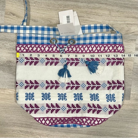 NWT Dodo Bar Or Lili Bag 100% Cotton Tote Purse Blue Purple Embroidered Checker - Picture 2 of 9
